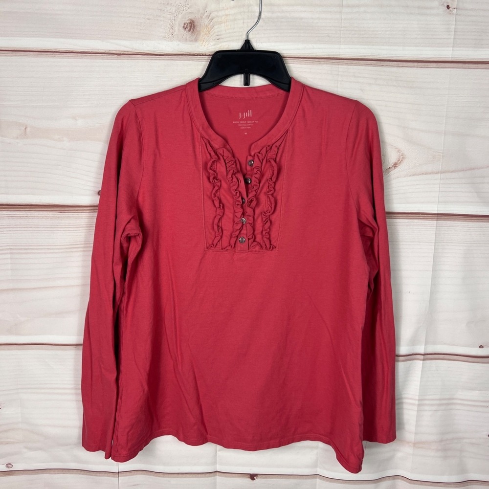 J Jill Top Womens M Orange Ruffle Front Henley‎ T-Shirt Long Sleeve Pima Cotton